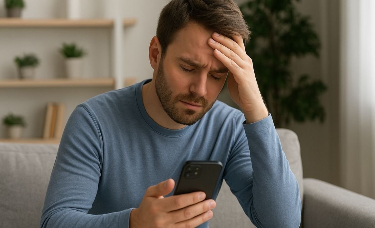 Frustrated man overwhelmed by smartphone use on a couch