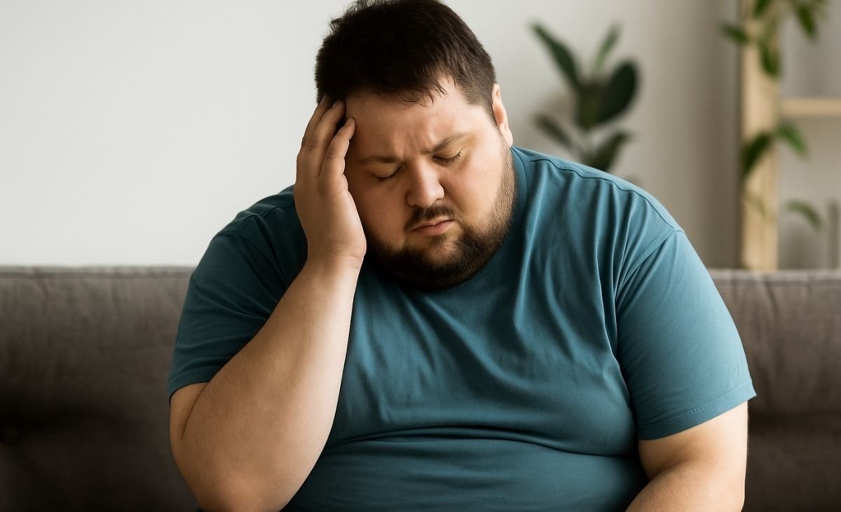 Overweight man sitting with a hand on his head, looking stressed