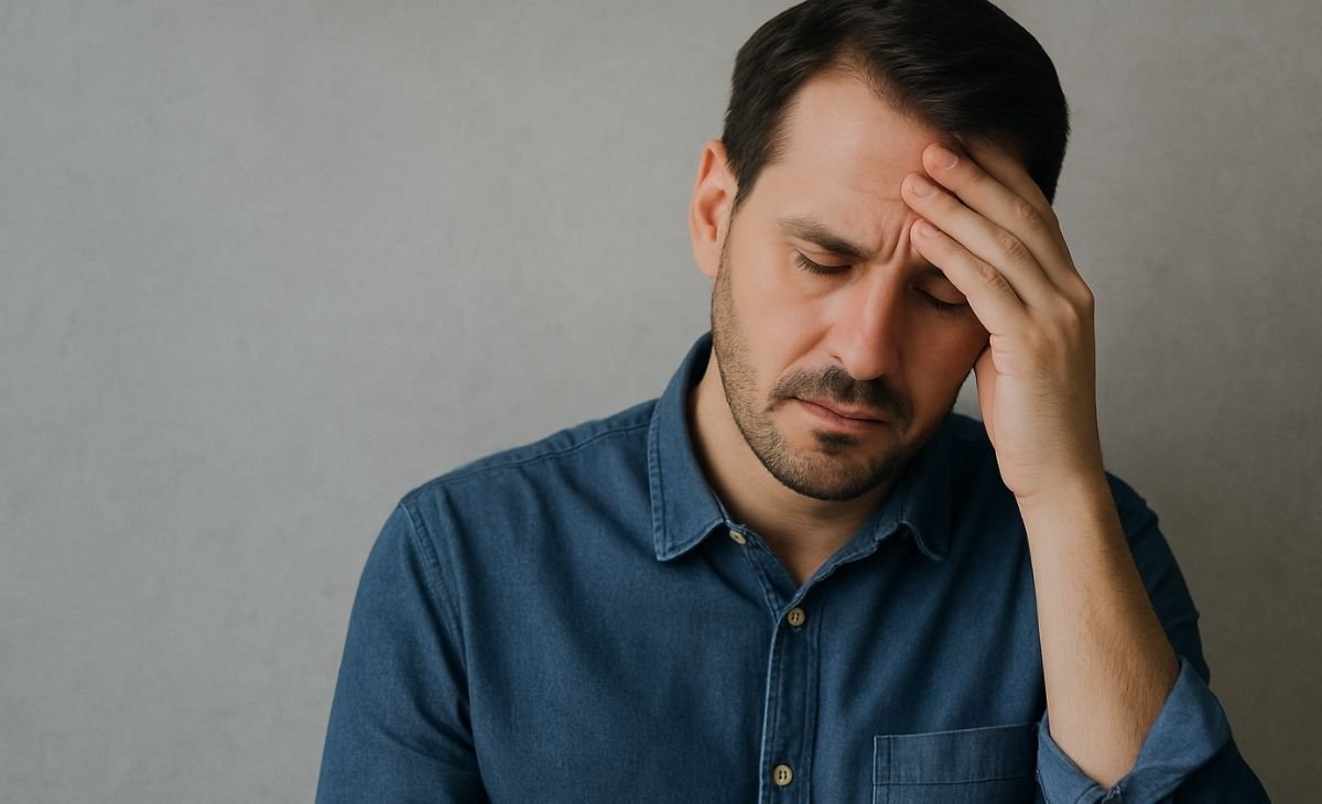 Stressed man holding his head in frustration
