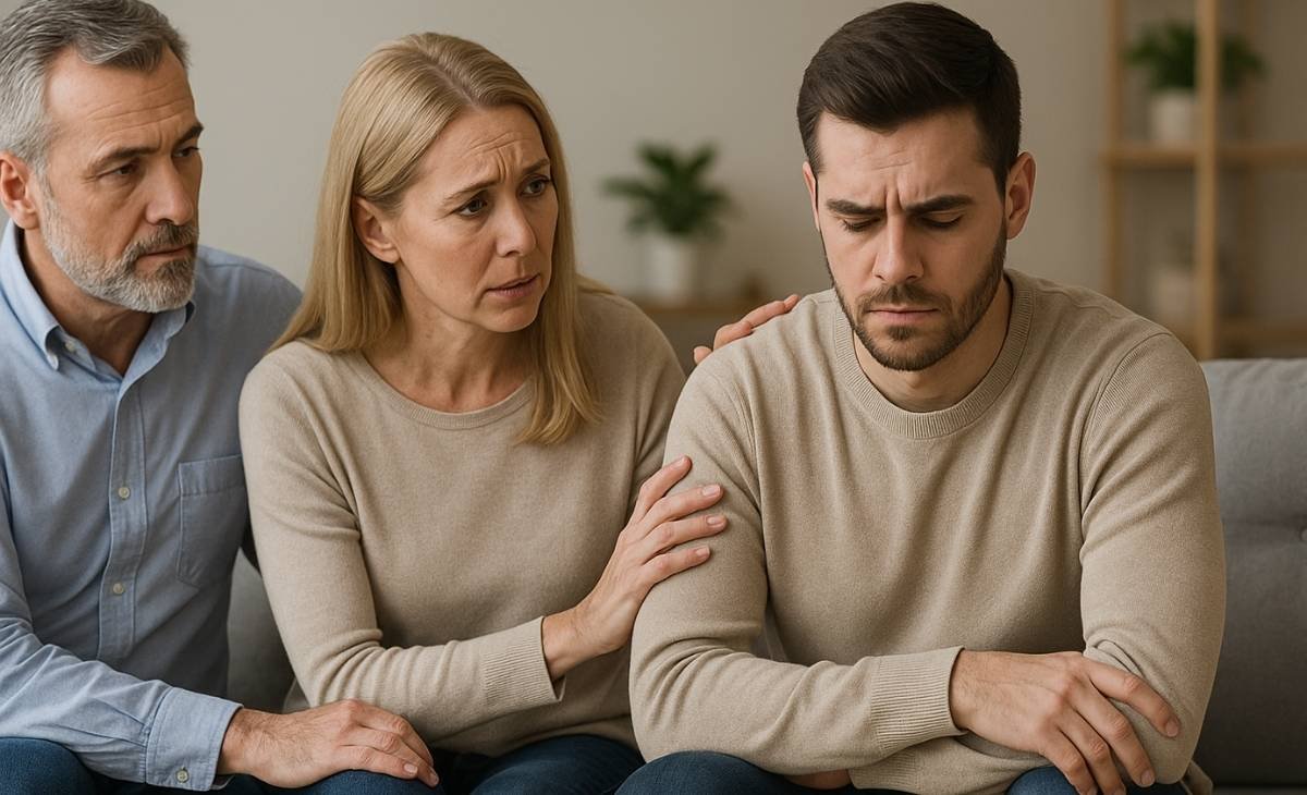 Concerned parents supporting their son during recovery conversation