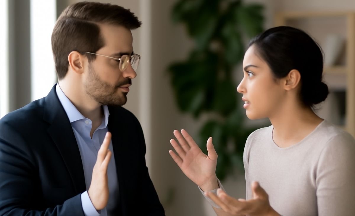 Two people having a serious conversation or argument