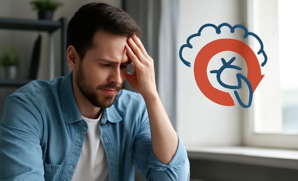 Man experiencing stress related to Obsessive-Compulsive Disorder, sitting by a window with a brain graphic symbolizing OCD.
